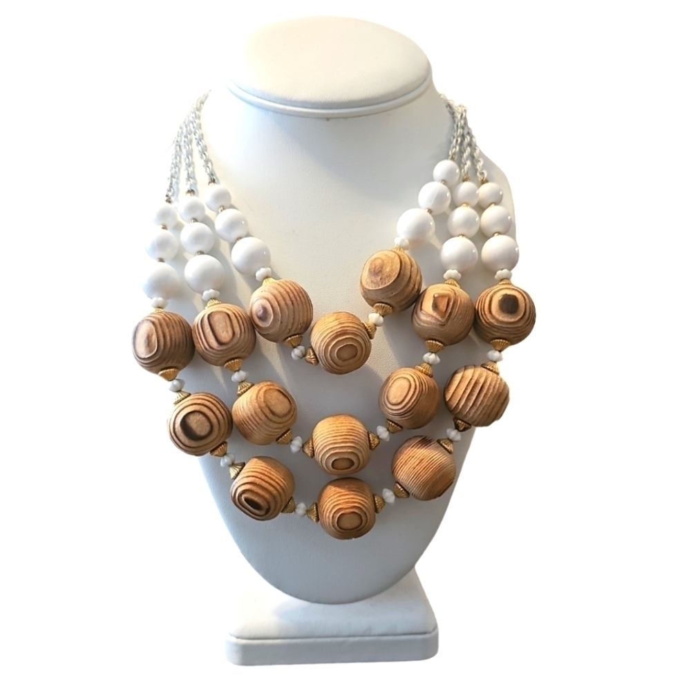 Estate Vintage Carved Wood & White Lucite Bead Three Strand Necklace